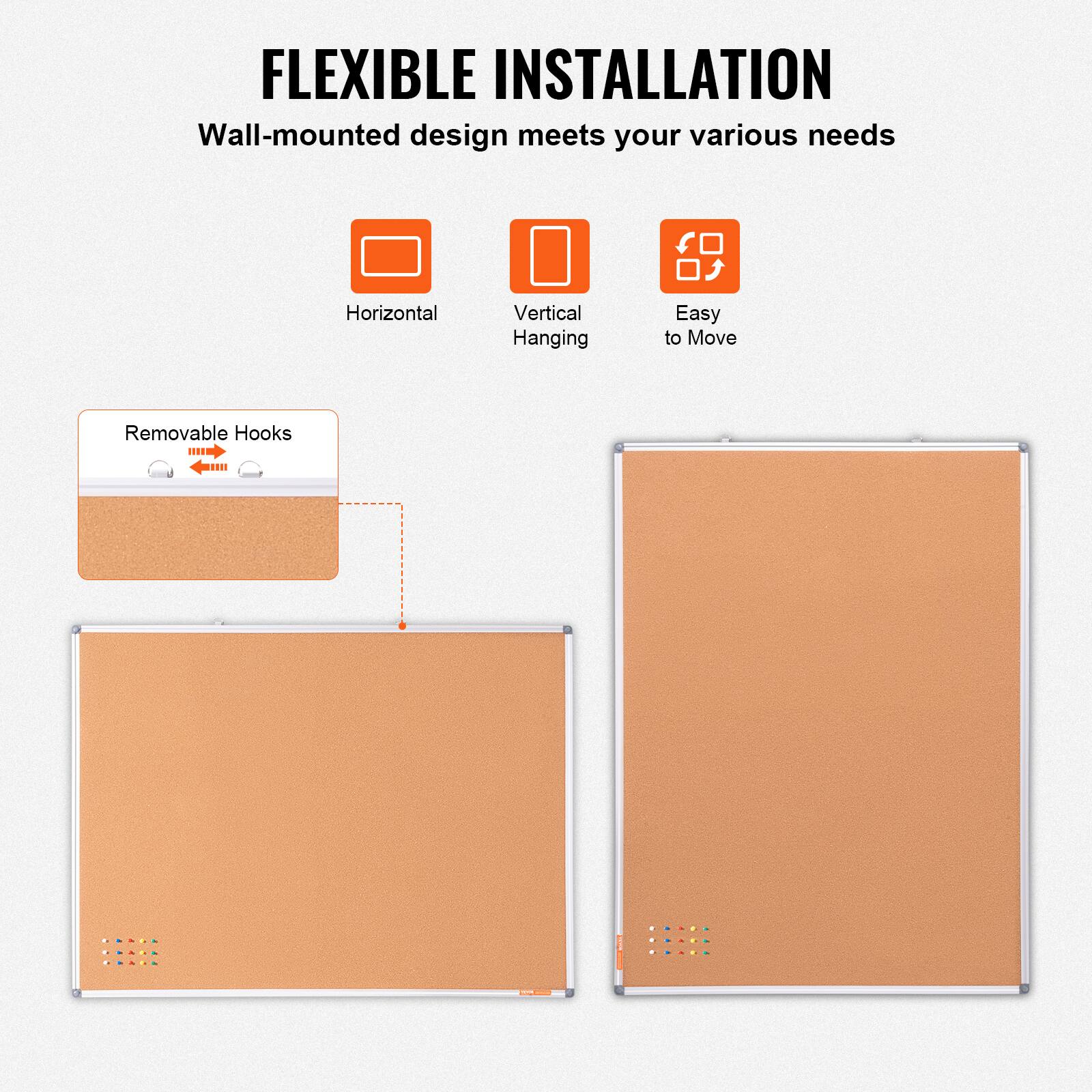 FLEXIBLE INSTALLATION
Wall-mounted design meets your various needs
Horizontal
Vertical Hanging
Easy to Move
Removable Hooks