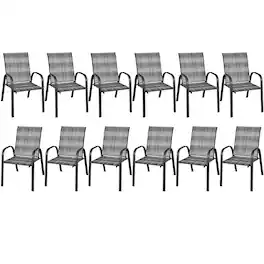 Gymax - 12PCS Outdoor PE Wicker Stacking Dining Chairs Patio Arm Chairs Mix Grey - Gray