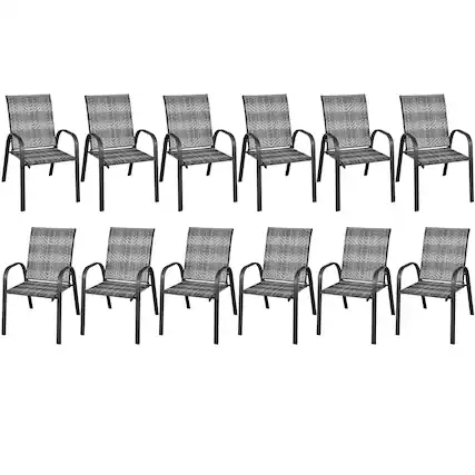 Front. Gymax - Gymax 12PCS Outdoor PE Wicker Stacking Dining Chairs Patio Arm Chairs Mix Grey - Grey.