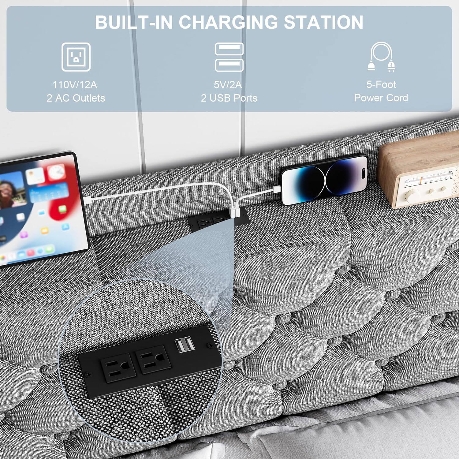 BUILT-IN CHARGING STATION

- 110V/12A
- 2 AC Outlets
- 5V/2A
- 2 USB Ports
- 5-Foot Power Cord