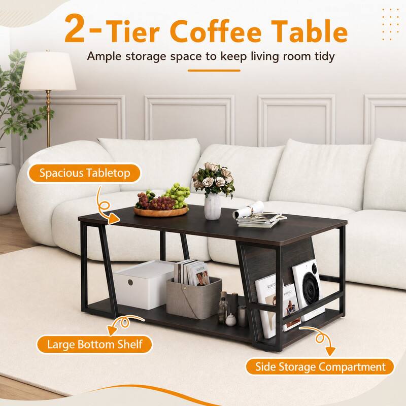 2-Tier Coffee Table  
Ample storage space to keep living room tidy  

Spacious Tabletop  
Large Bottom Shelf  
Side Storage Compartment