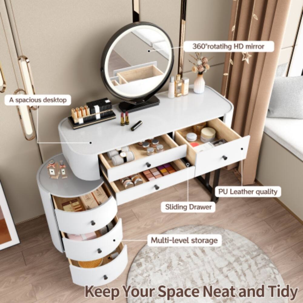 360° rotating HD mirror  
A spacious desktop  
PU Leather quality  
Sliding Drawer  
Multi-level storage  
Keep Your Space Neat and Tidy
