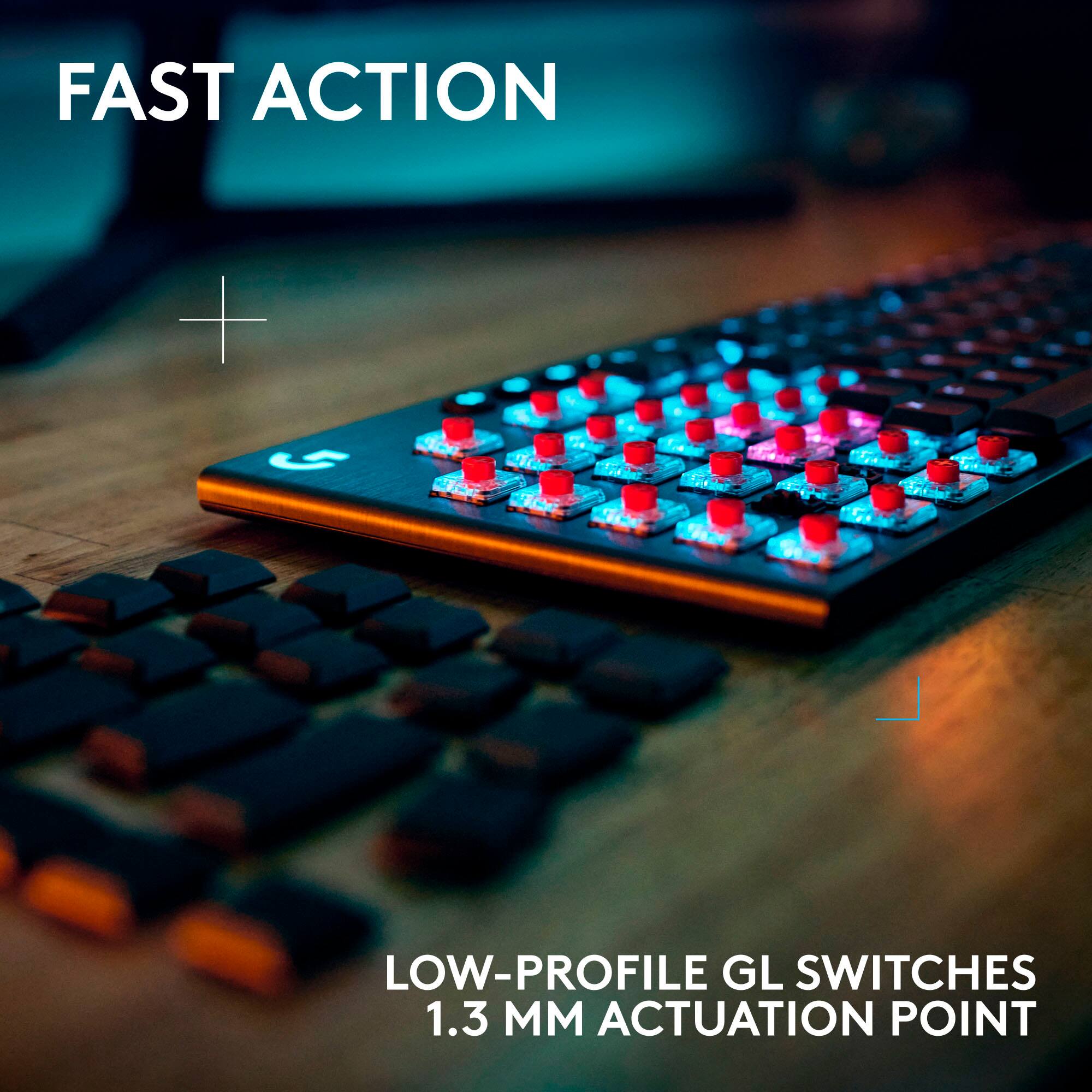 The text on the image reads "FAST ACTION G LOW-PROFILE GL SWITCHES 1.3 M ACTUATION POINT". This text is grouped and corrected as follows:

"FAST ACTION G LOW-PROFILE GL SWITCHES 1.3 M ACTUATION POINT"