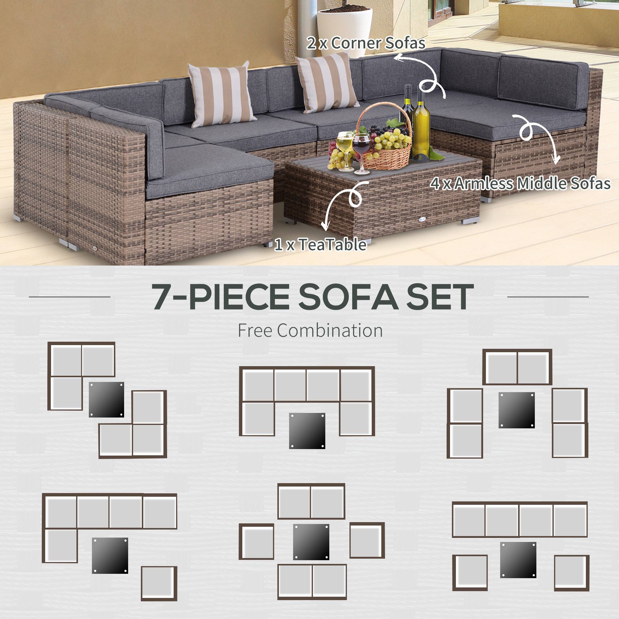 2x Corner Sofas  
4x Armless Middle Sofas  
1x TeaTable  

7-PIECE SOFA SET  
Free Combination