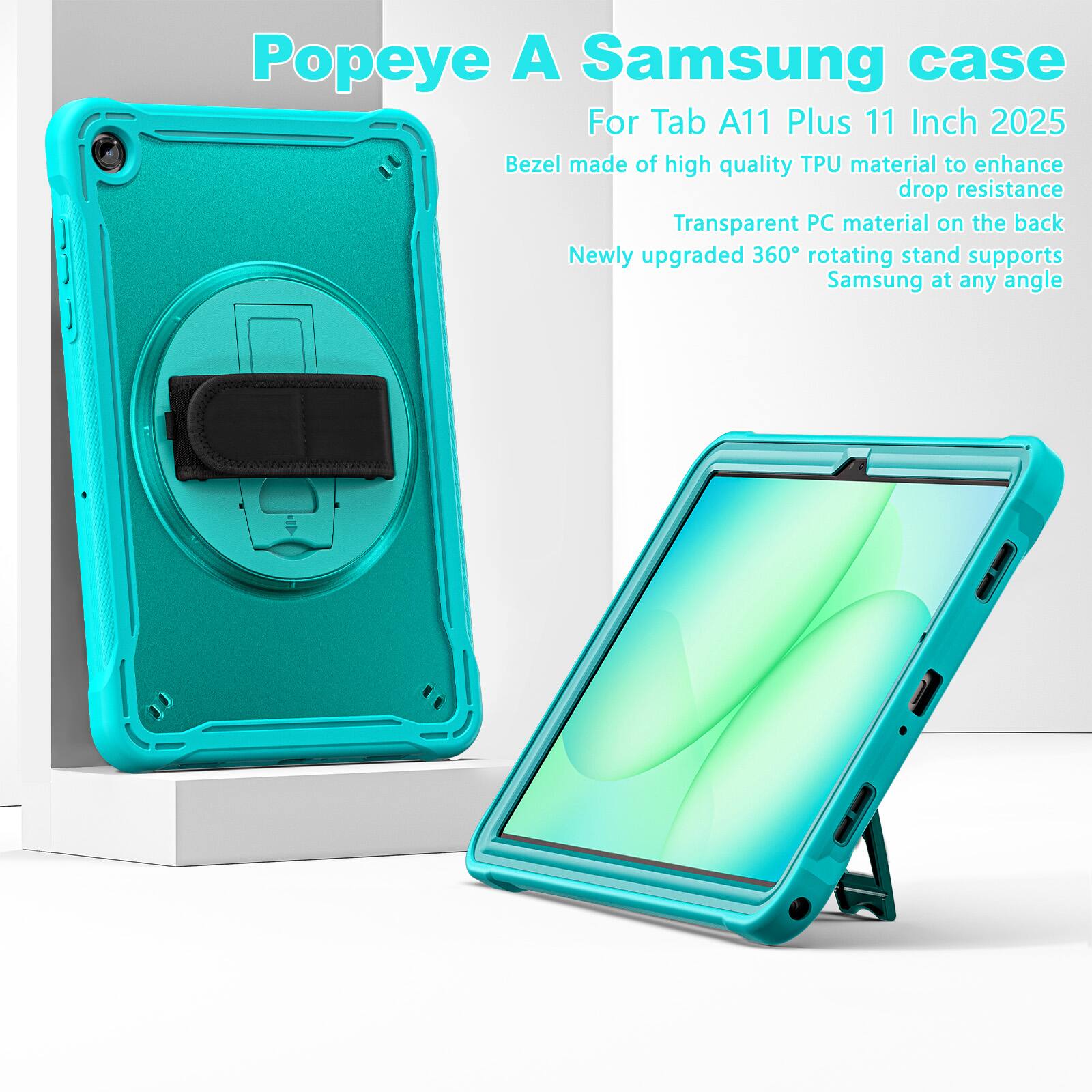 Popeye A Samsung case  
For Tab A11 Plus 11 Inch 2025  
Bezel made of high quality TPU material to enhance drop resistance  
Transparent PC material on the back  
Newly upgraded 360° rotating stand supports Samsung at any angle
