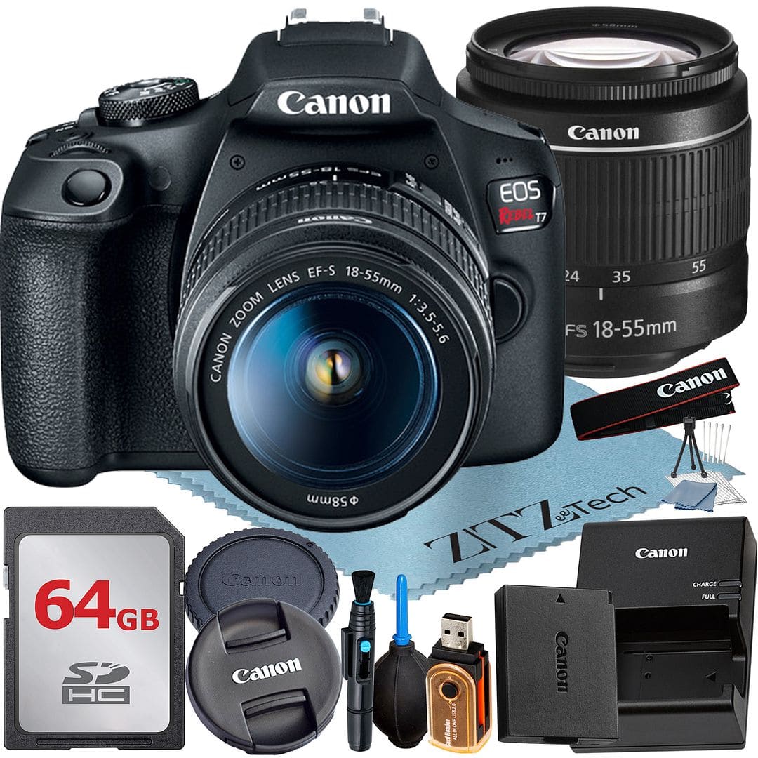 Canon - EOS Rebel T7 DSLR Camera with 18-55 Lens + 64GB Card + Case + ZeeTech Bundle (International Version) - Black