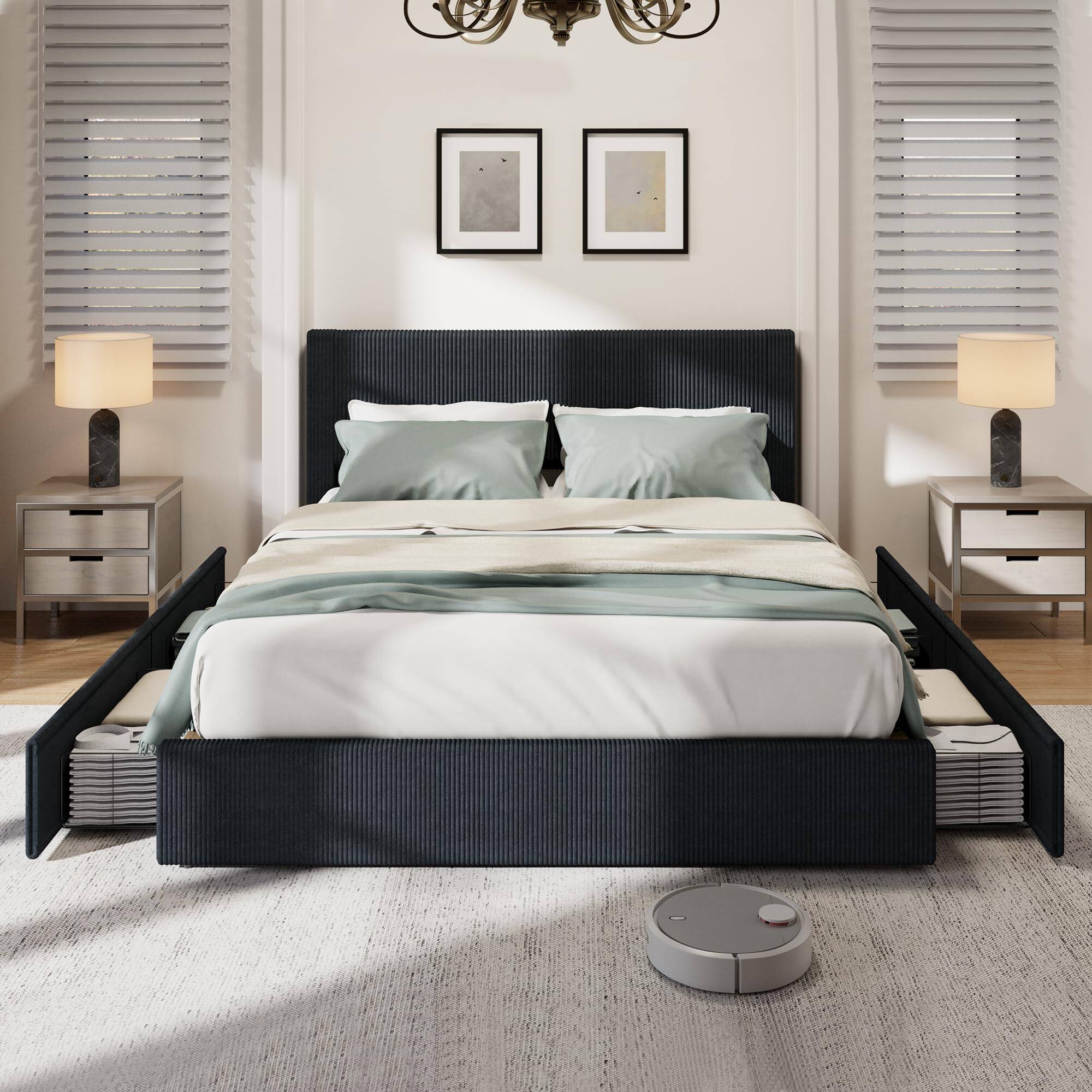 Left. Acekool - King Bed Frame with Tufted Wingback Headboard, Platform Corduroy Upholstered Bed Frame with 4 Storage Drawers - Black.