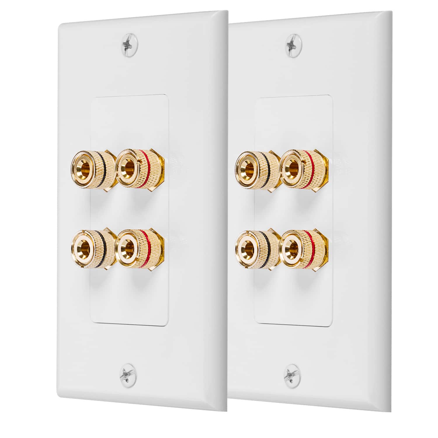 Fosmon - 2 Pack Gold Plated Speaker Wall Plate, Home Theater Audio Wall Plate For Speaker Wire, Copper Banana for 2 Speakers - White