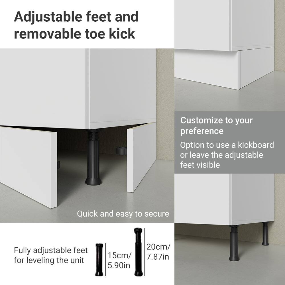Adjustable feet and removable toe kick

Customize to your preference  
Option to use a kickboard or leave the adjustable feet visible

Quick and easy to secure

Fully adjustable feet for leveling the unit  
15cm/ 5.90in  
20cm/ 7.87in