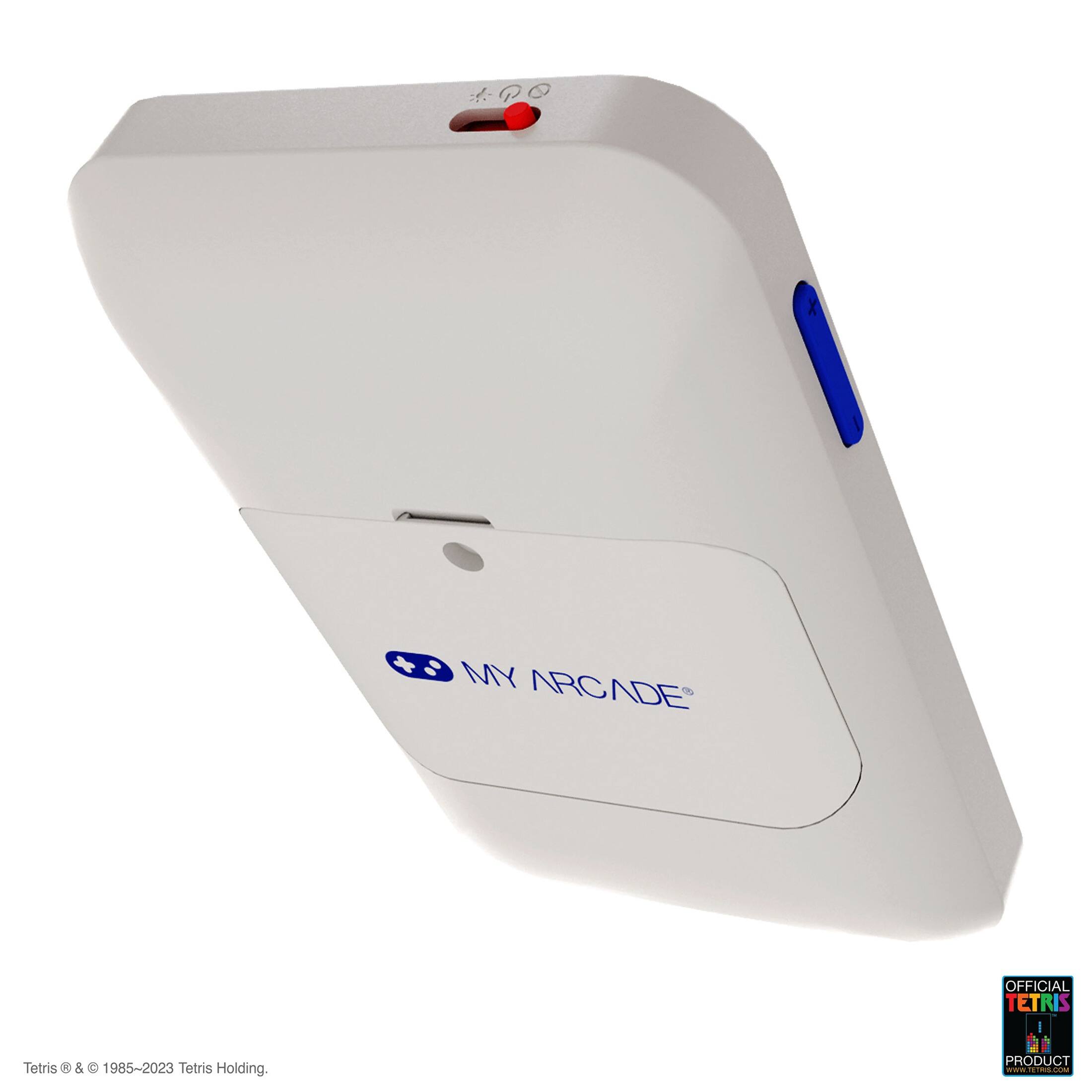 "My Arcade" is an official Tetris product. It was created in 1985 and is still being produced in 2023. The product is a white and blue device that is designed to play the classic game of Tetris.
