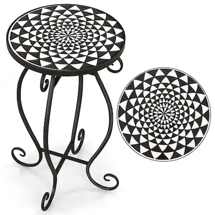 Front. Costway - Costway Mosaic Outdoor Side Table, Round End Table with Weather Resistant Ceramic Tile Tabletop - Black/White.