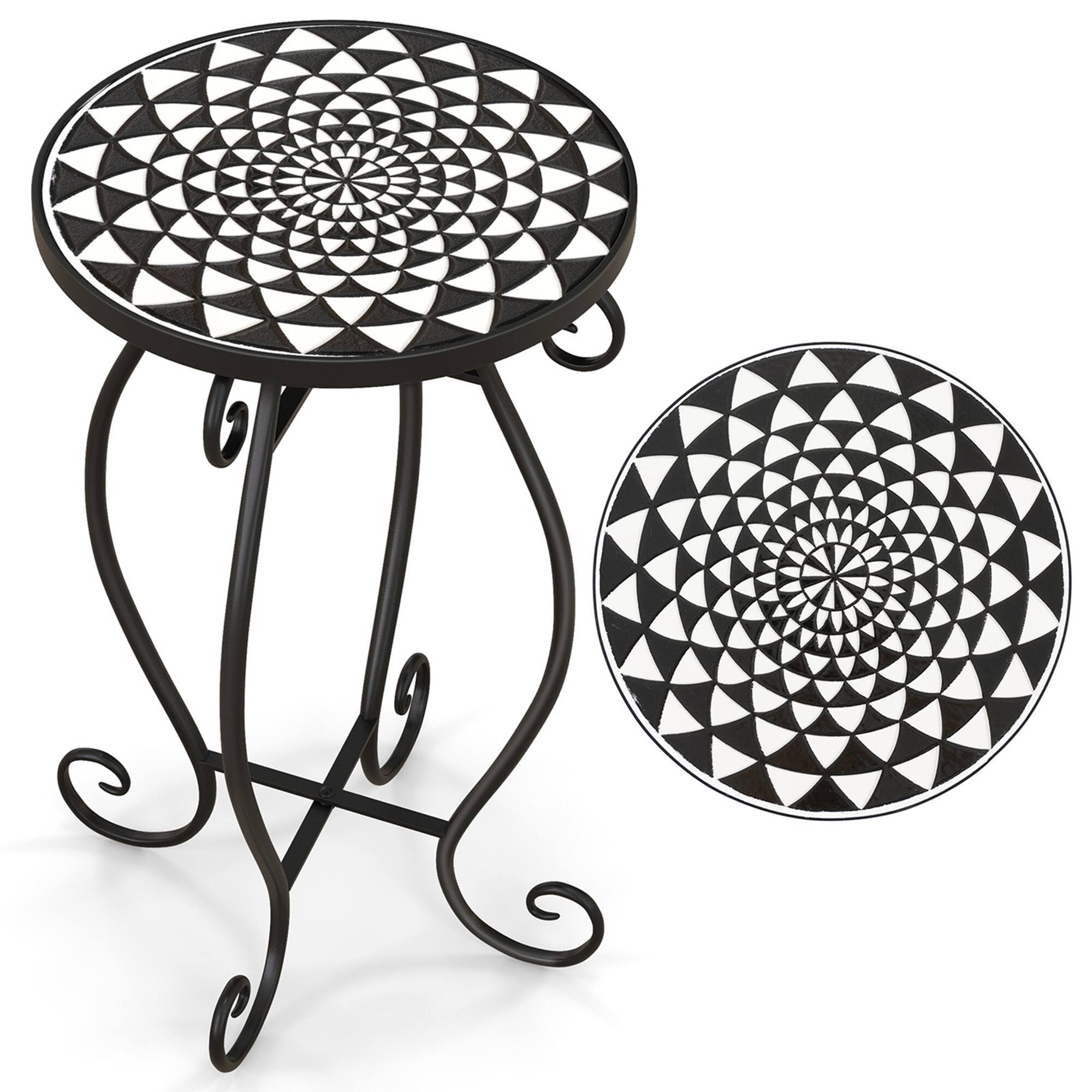Front. Costway - Costway Mosaic Outdoor Side Table, Round End Table with Weather Resistant Ceramic Tile Tabletop - Black/White.