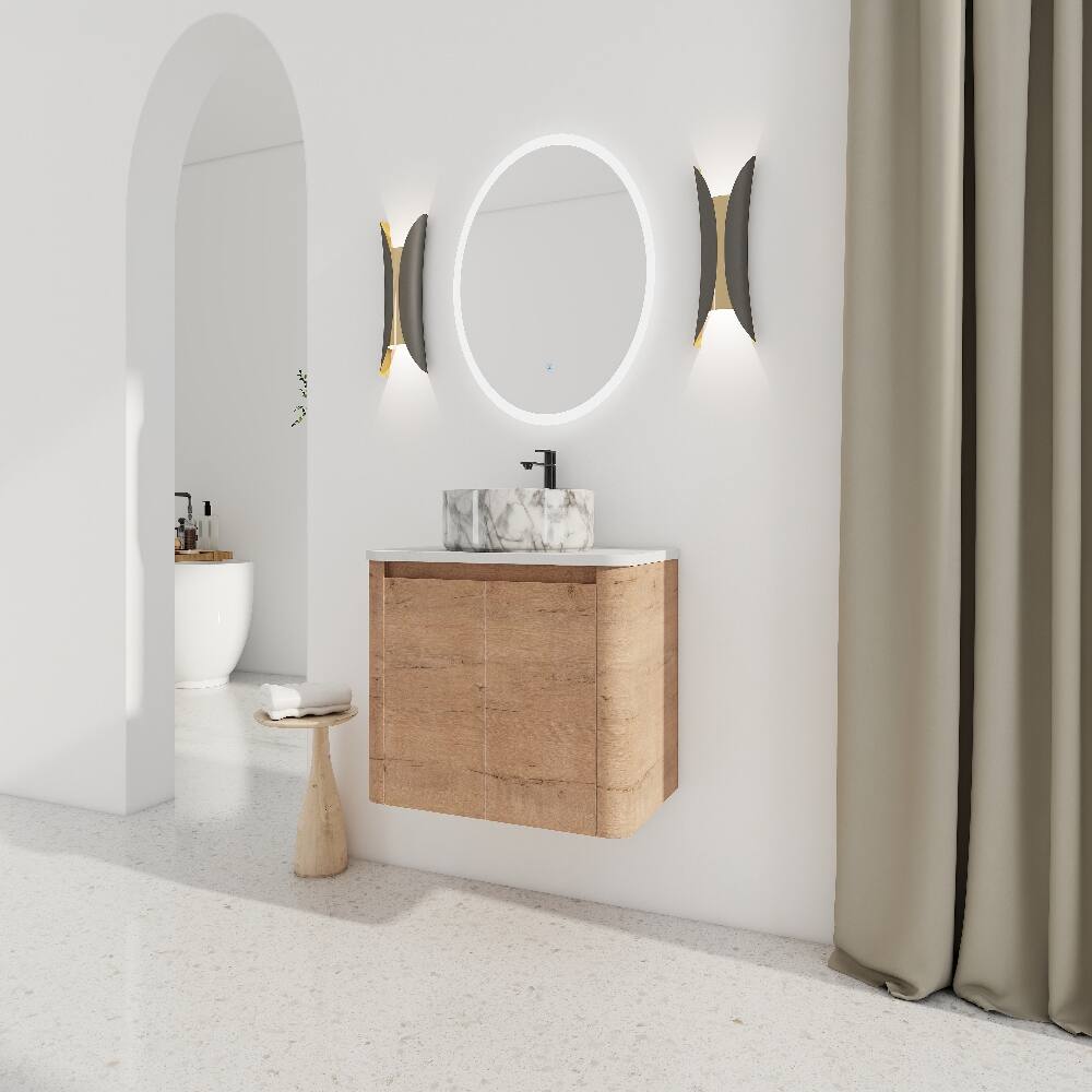 Alt View 1. Loheer - Loheer 30 inch wall mounted bathroom vanity with ceramic vessel sink, modern bathroom vanity, Imitative Oak - Imitative Oak.