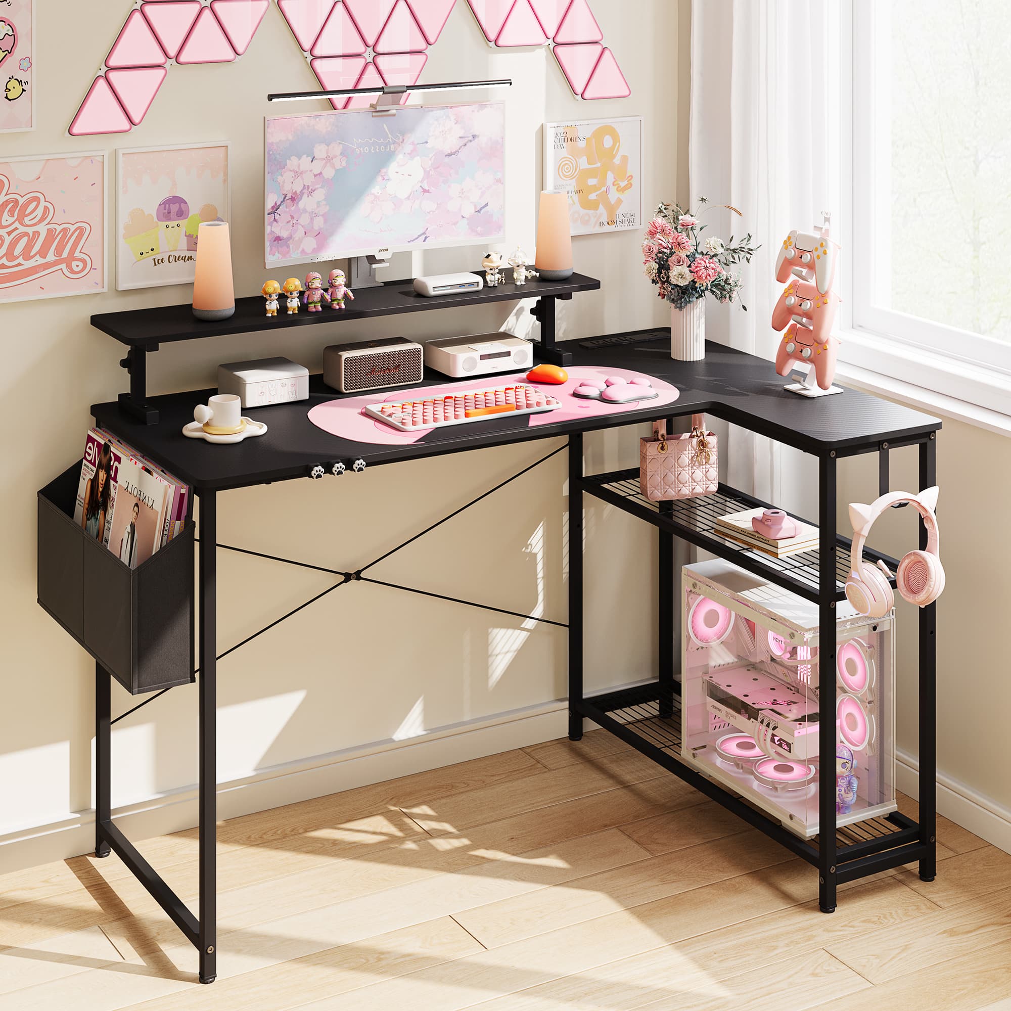 Dowinx - L-Shaped Gaming Desk with Cable Organizers for Girls, 43-Inch Office Desk Cute with Built-in Power Outlet, Monitor Shelf - Black