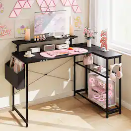 Dowinx - L-Shaped Gaming Desk with Cable Organizers for Girls, 43-Inch Office Desk Cute with Built-in Power Outlet, Monitor Shelf - Black