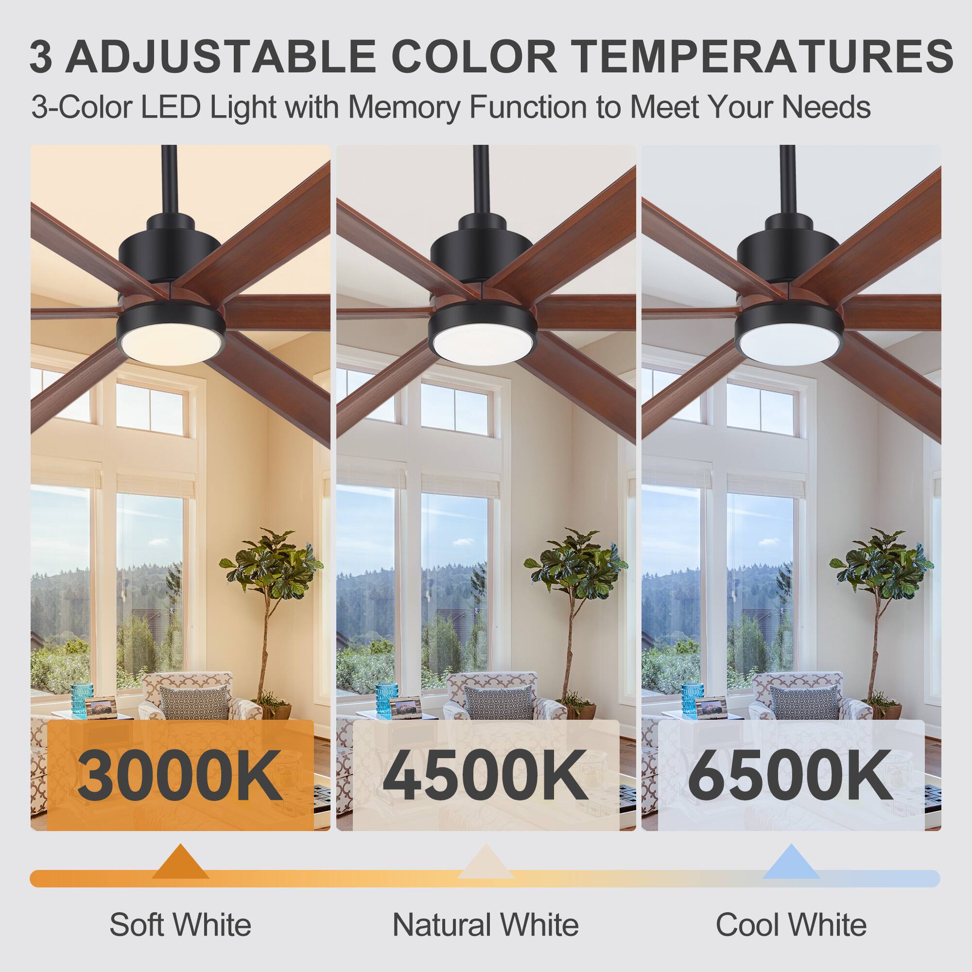 3 Adjustable Color Temperatures  
3-Color LED Light with Memory Function to Meet Your Needs  
3000K Soft White  
4500K Natural White  
6500K Cool White