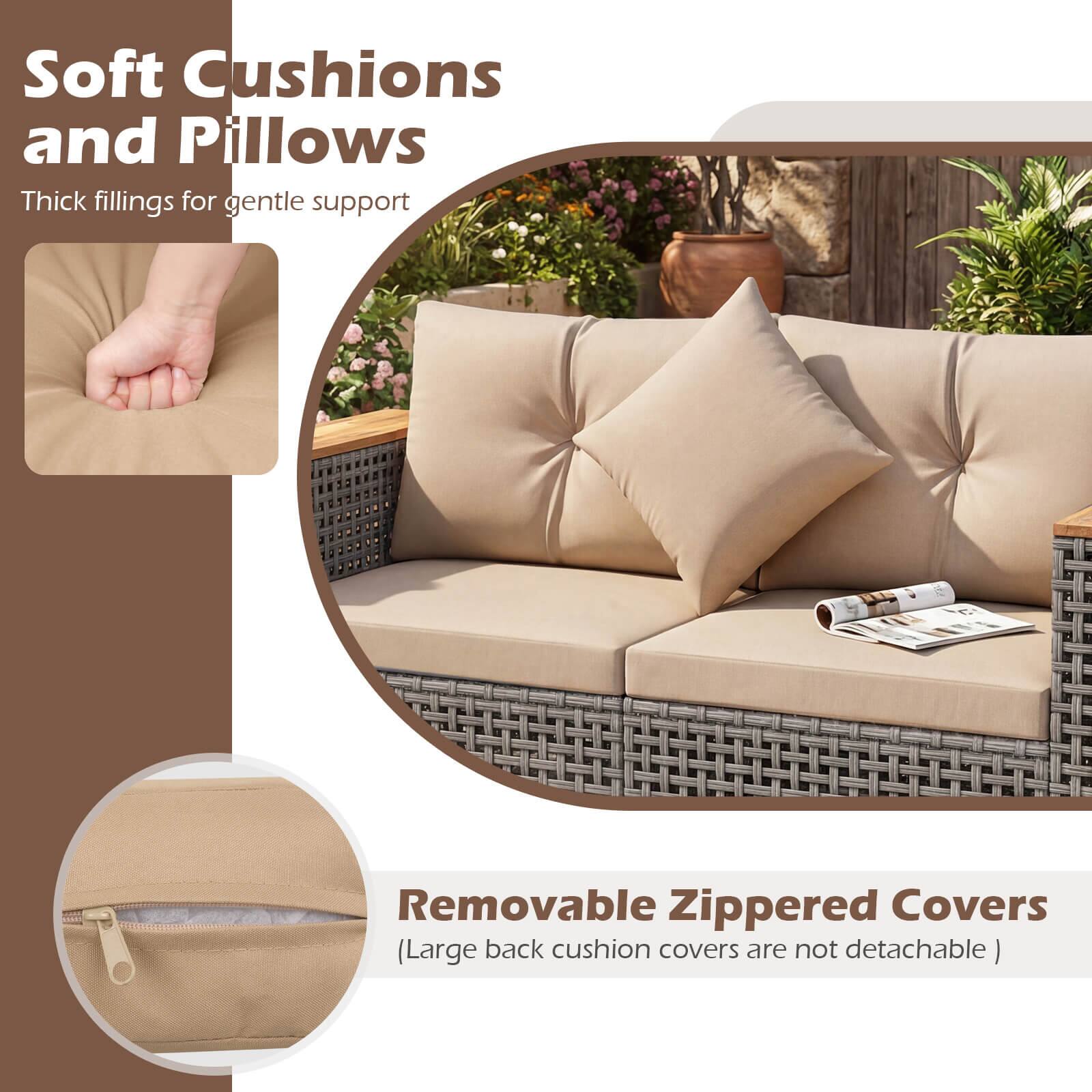 Soft Cushions and Pillows  
Thick fillings for gentle support  

Removable Zippered Covers  
(Large back cushion covers are not detachable)