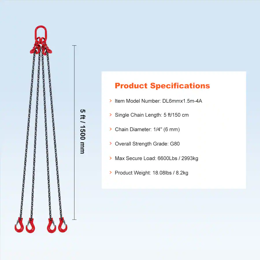 VEVOR Chain Sling, 1/4 inch x 5 ft Lifting Chains with Hooks, G80 ...