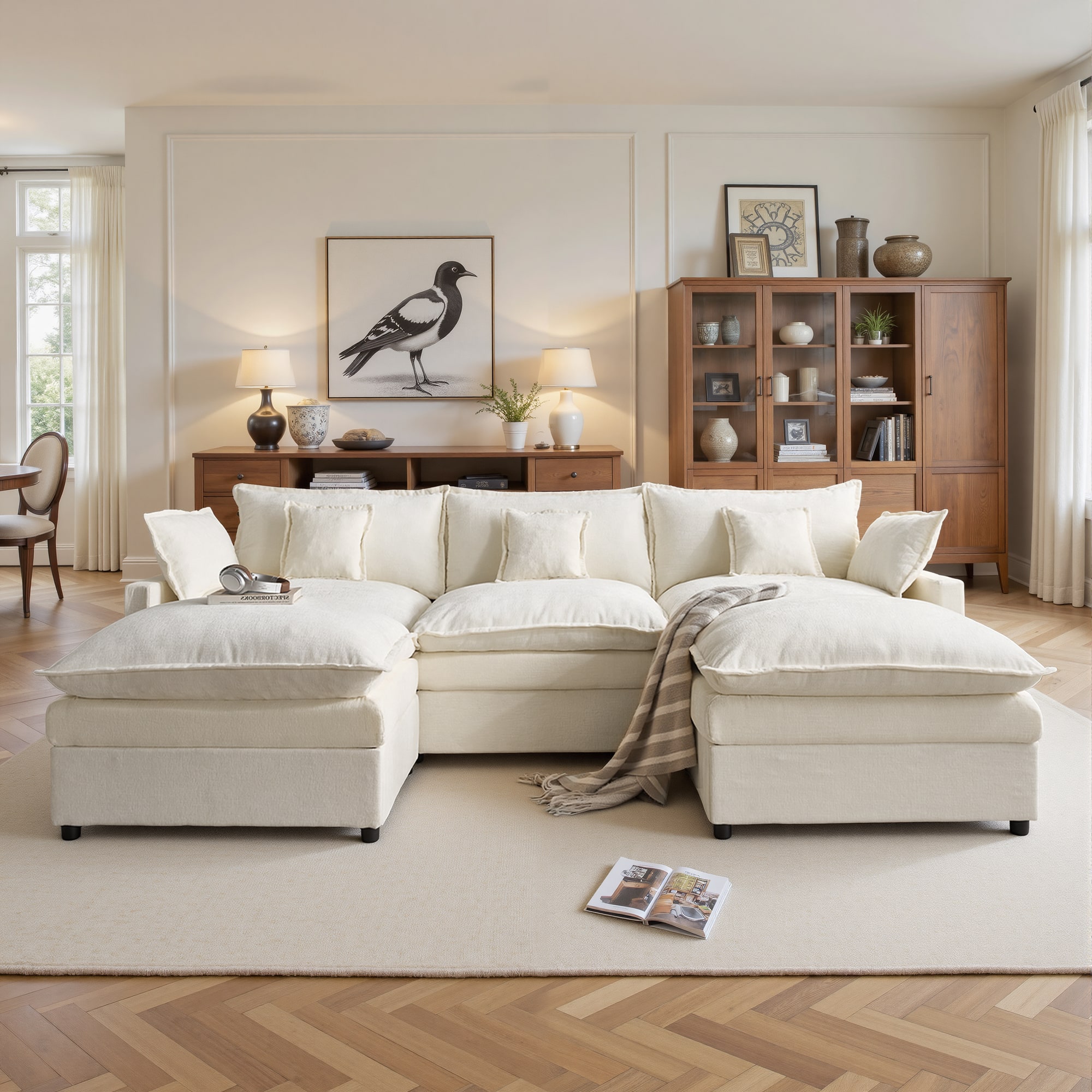 Ovios - 3 Seat Sofa Couch L Shaped Chenille Cloud Couch Oversized Modern Sofa with Ottoman for Living Room - White