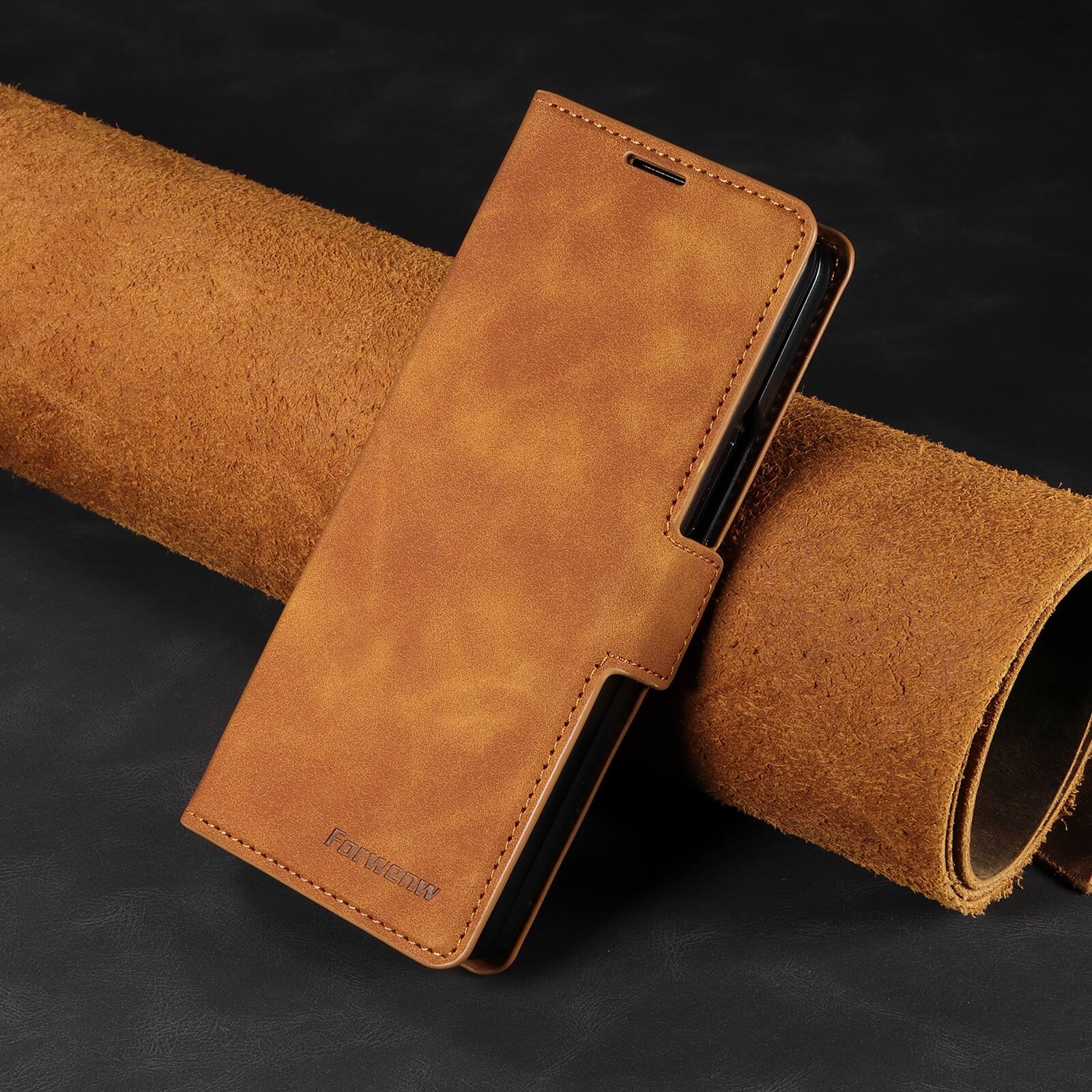 Angle. Dteck - Shockproof PU Leather Case for Samsung Galaxy Z Fold 8 Ultra, Wallet RFID Blocking with Card Slots Flip Stand Cover - Brown.