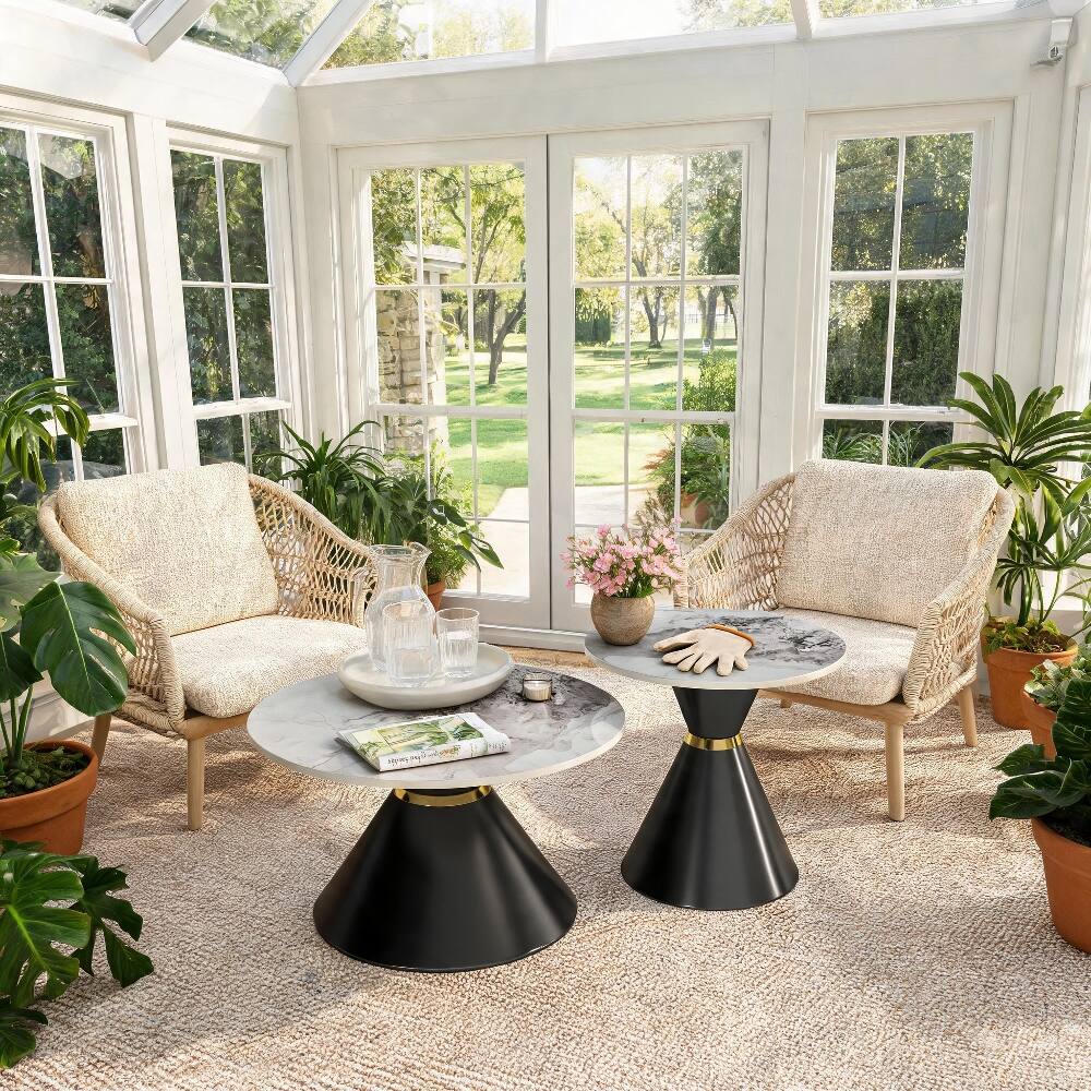 Alt View 7. Loheer - Loheer Round Nesting Coffee Table Set of 2 Sintered Stone Top Black Pedestal Base - Black and Gold.