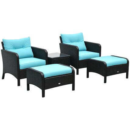 Front. Outsunny - 5 Pieces Rattan Wicker Lounge Chair Outdoor Patio Conversation Set with 2 Cushioned Chairs - Light Blue.