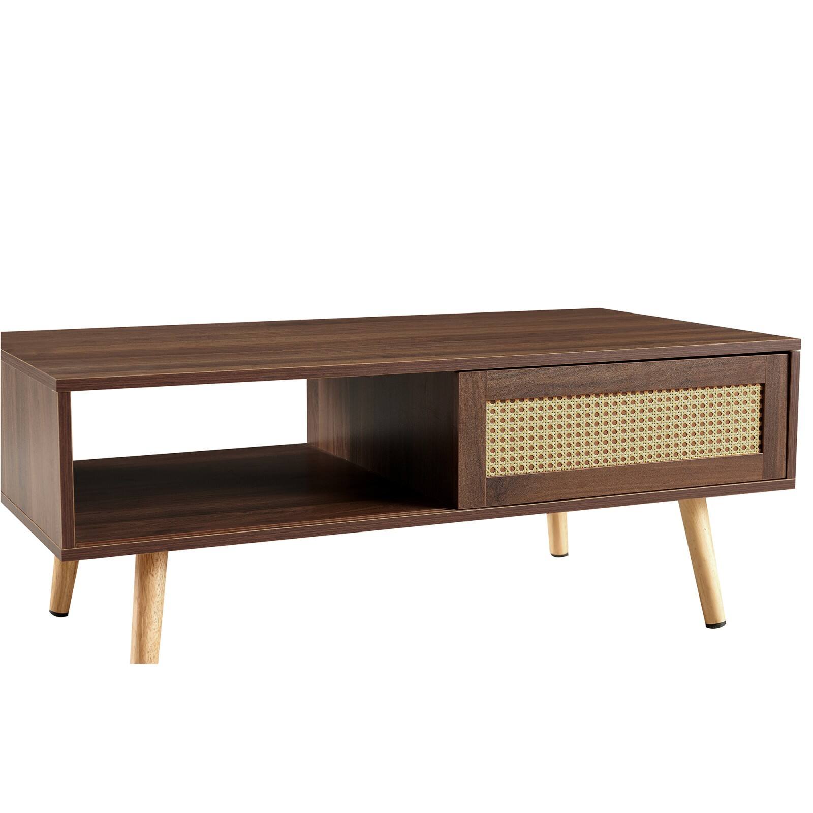 Alt View 9. Ecooso - PE Rattan Coffee table, Sliding Door for Storage, Solid Wood Legs, Modern Table for Living Room - Walnut.