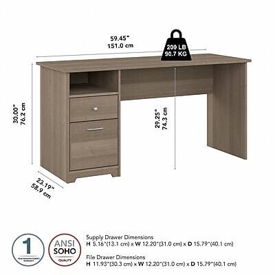 59.45" 151.0 cm  
200 LB 90.7 KG  
30.00" 76.2 cm  
29.25" 74.3 cm  
58.9 23.19" cm  
Supply Drawer Dimensions ANSI H 5.16" (13.1 cm) X W 12.20" (31.0 cm) X D 15.79" (40.1 cm)  
SOHO File Drawer Dimensions QUALITY H 11.93" (30.3 cm) X W 12.20" (31.0 cm) X D 15.79" (40.1 cm)