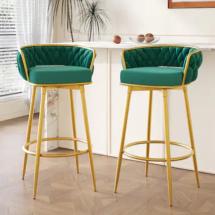 Front. APRILSOUL - Swivel Counter Height Bar Stools Set of 2 HandWoven Backrest Gold Metal Legs Modern Low Back Green - Green.