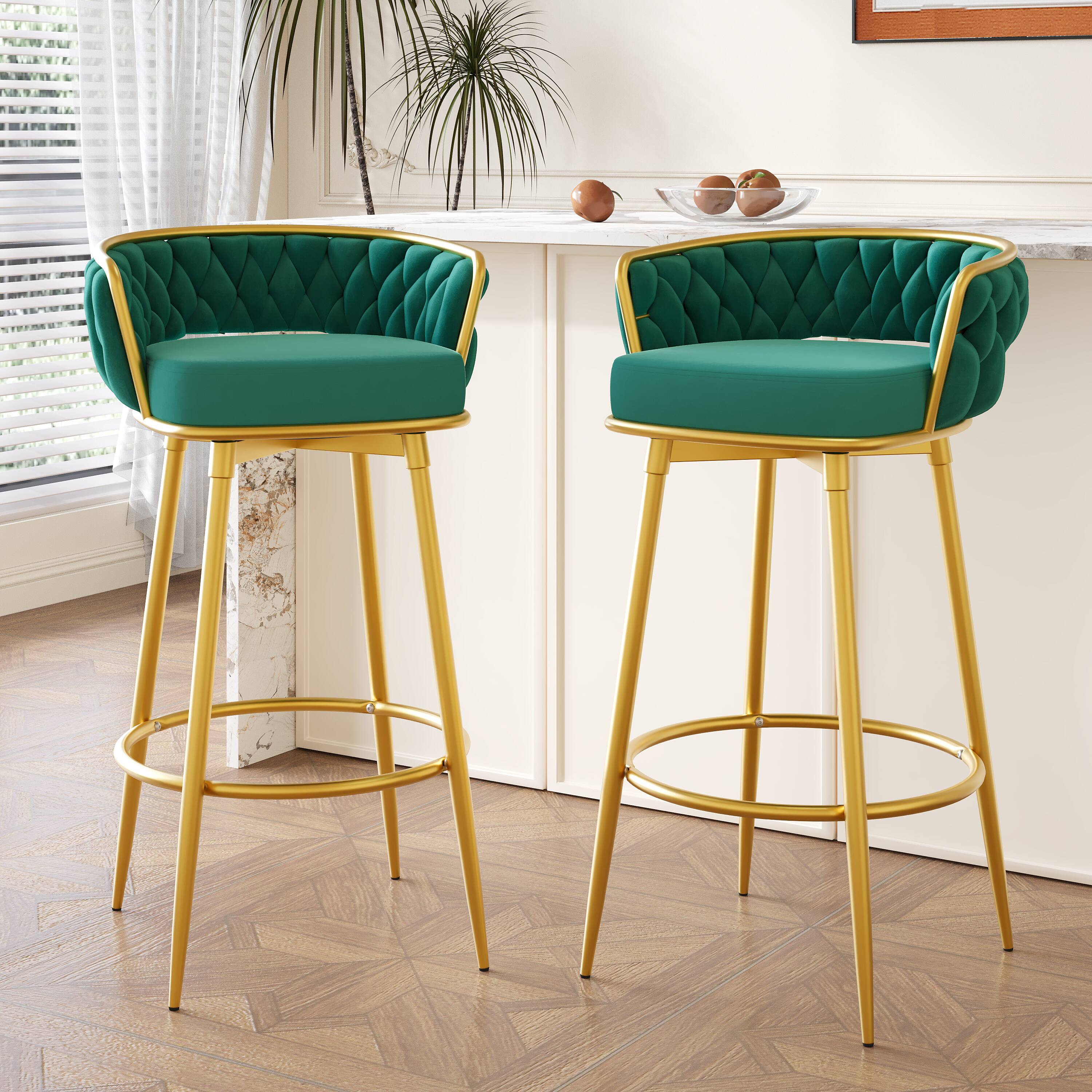 Front. APRILSOUL - Swivel Counter Height Bar Stools Set of 2 HandWoven Backrest Gold Metal Legs Modern Low Back Green - Green.