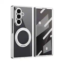 Dteck - Clear Electroplated Case for Samsung Galaxy Z Fold8 Ultra with Kickstand, Magnetic Rigid PC Cover Built-in Screen Film - Silver