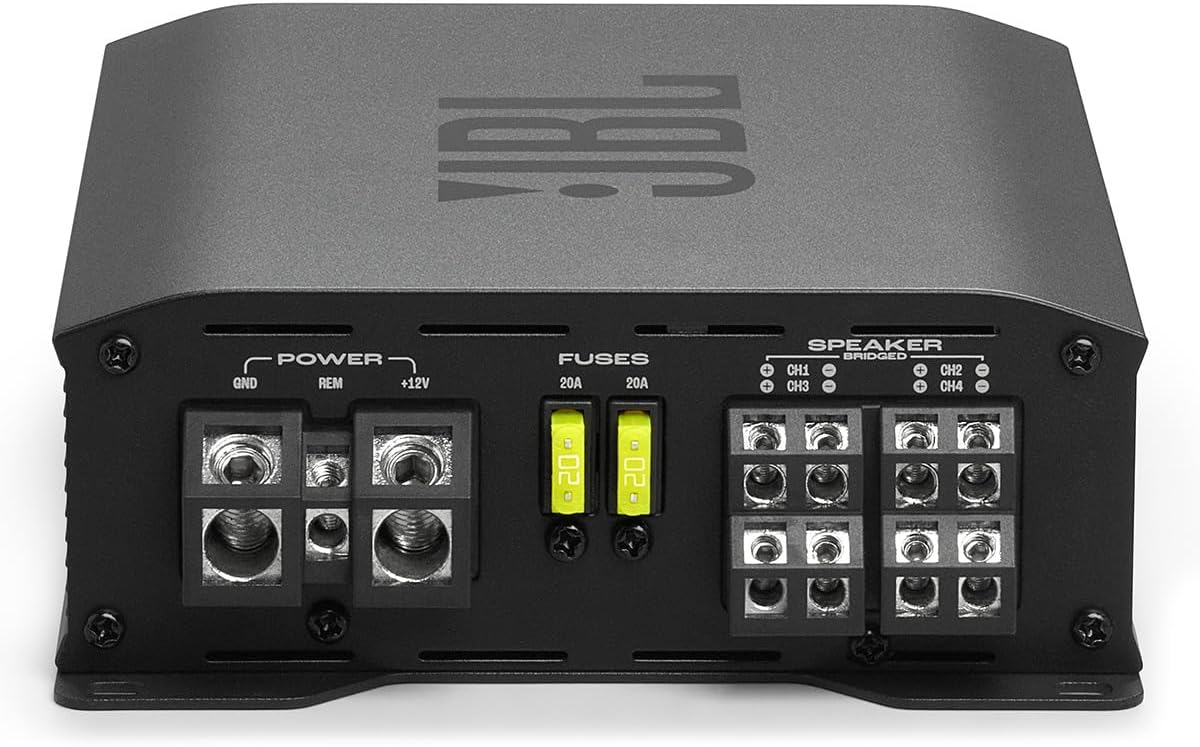 - POWER
  - GND
  - REM
  - +12V

- FUSES
  - 20A
  - 20A

- SPEAKER
  - BRIDGED
  - CH1
  - CH2
  - CH3
  - CH4