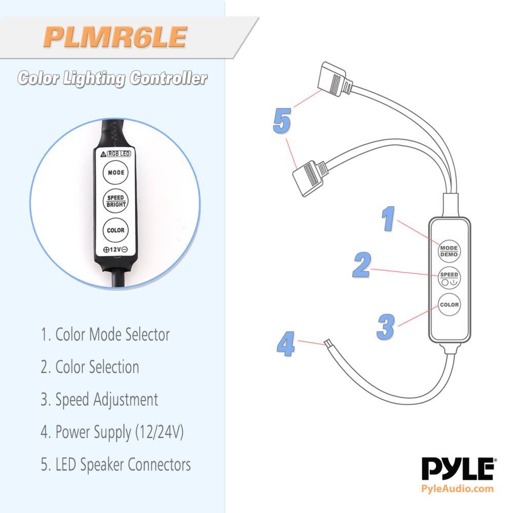 PLMR6LE  
Color Lighting Controller  

1. Color Mode Selector  
2. Color Selection  
3. Speed Adjustment  
4. Power Supply (12/24V)  
5. LED Speaker Connectors  

PYLE  
PyleAudio.com