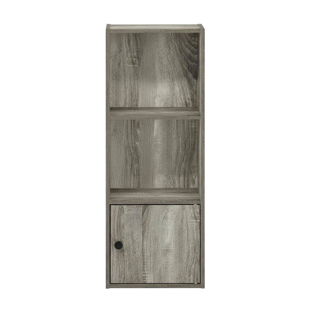 Back. FurniFact - Wooden 3-Tier Shelf Bookcase with Door Storage in French Oak Finish - French Oak.