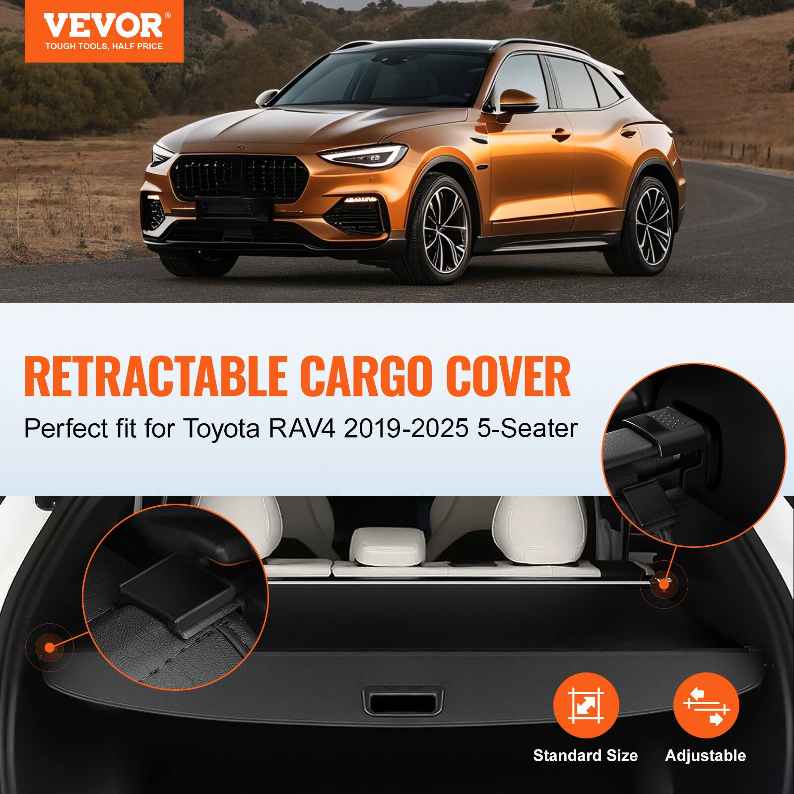 VEVOR  
TOUGH TOOLS, HALF PRICE

RETRACTABLE CARGO COVER  
Perfect fit for Toyota RAV4 2019-2025 5-Seater  
Standard Size Adjustable