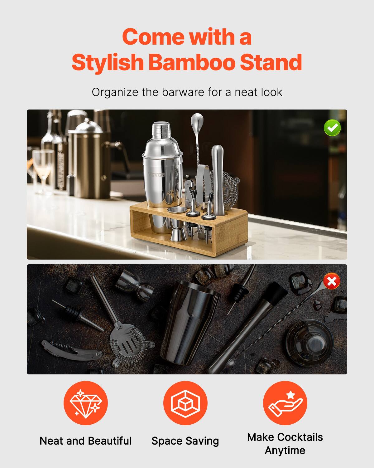 Come with a Stylish Bamboo Stand

Organize the barware for a neat look

Neat and Beautiful  
Space Saving  
Make Cocktails Anytime
