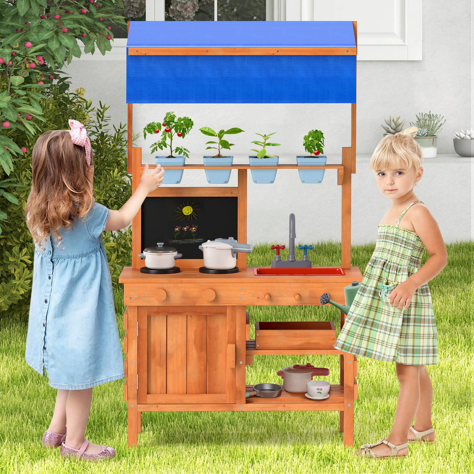 Alt View 1. Costway - Costway Mud Kitchen Wooden Pretend Play Kitchen with Height Adjustable Canopy - Natural.