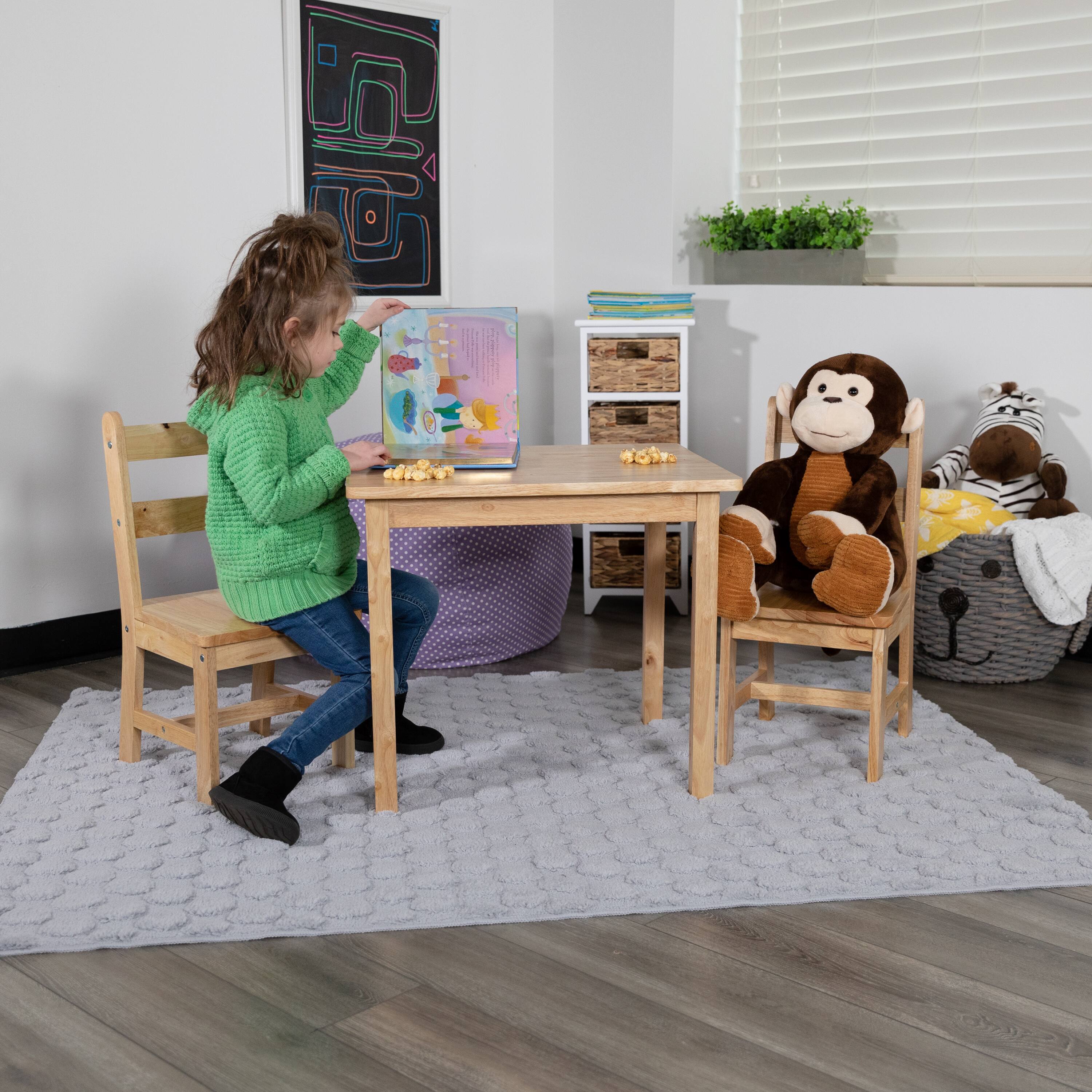 Alt View 4. Emma + Oliver - Kids 3 Piece Solid Hardwood Table and Chair Set for Playroom, Kitchen - Natural.