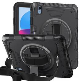 Dteck - Shockproof Case for Apple iPad (10th Generation) 10.9" 2022 with Shoulder Hand Strap, Rugged Cover with Rotating Stand - Black