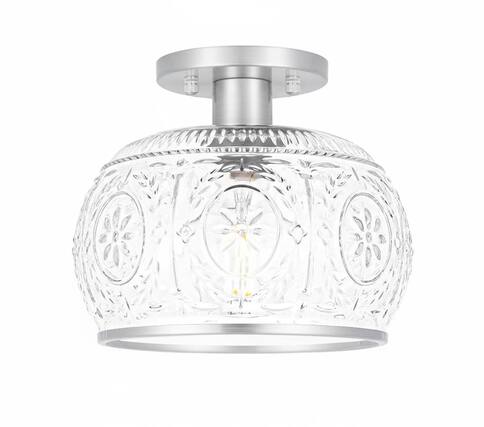 Front. FINEAK - 9.06" Brushed Nickel Globe Glass Semi-Flush Ceiling Light.