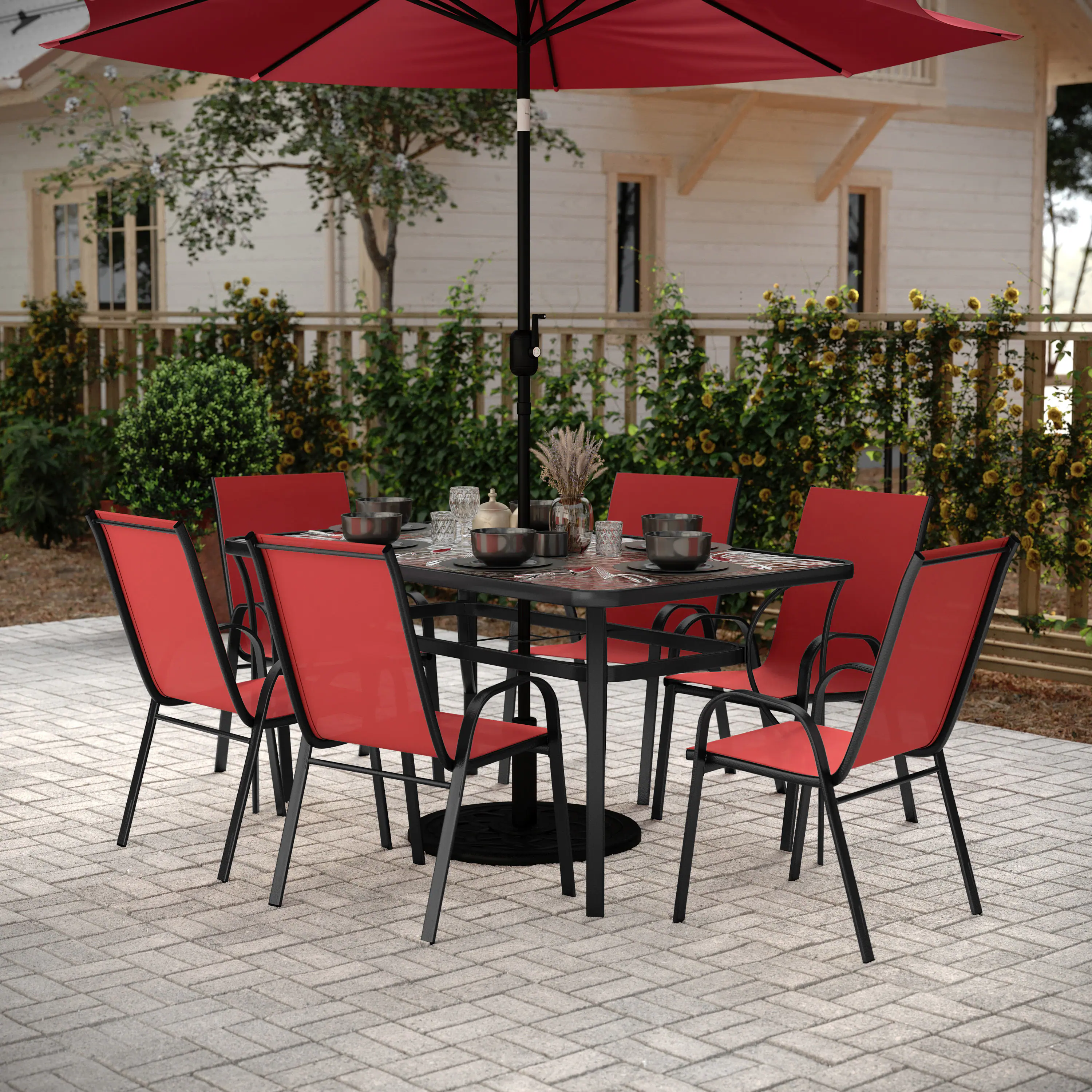 Angle. Flash Furniture - Brazos 7 Piece Commercial Grade Patio Dining Set with Tempered Glass Patio Table and 6 Chairs with Red Flex Comfort Mate - Red.