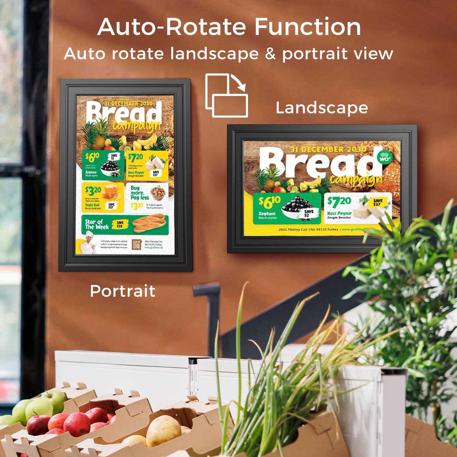 Auto-Rotate Function
Auto rotate landscape & portrait view

31 DECEMBER 2030 Bread campaign
L $61. $720.
Dnetam ind Porpear uS
lg
E Boy $320 more Pay less Rogle
Star of LAE The Week
Landscape
31 DECEMBER 2030
WO Bread campaign
SAVE $610 $720 S3F
SAVE Keci Zeytuni E2 Peynir CE. mym Zengi tosanter
2001 Mekitep -a tus 2411D - Turbry - gatiks
Portrait