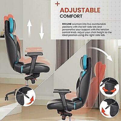 + ADJUSTABLE COMFORT RECLINE and lock into five comfortable positions with the left-side tab and personalize your support with the tension control knob. Adjust your chair height to the ideal position using the right-side tab.