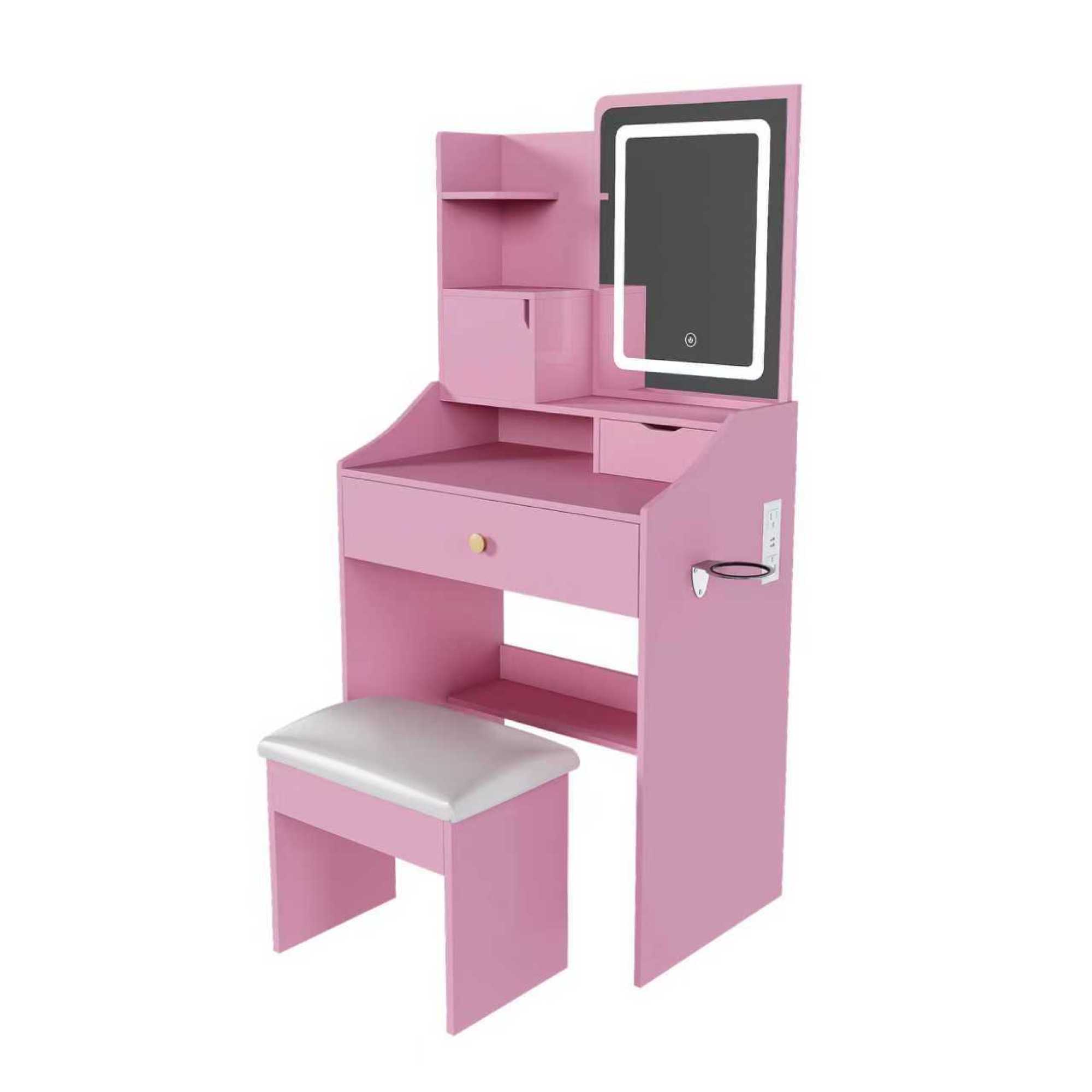 Alt View 5. GOODSILO - Elegant Vanity Set with LED Mirror and Storage Stool - Compact Dressing Table for Bedroom Beauty Needs - Pink.
