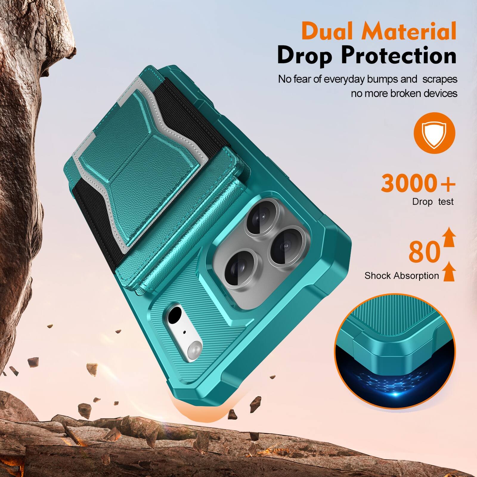 Dual Material Drop Protection  
No fear of everyday bumps and scrapes, no more broken devices  
3000+ Drop test  
80 Shock Absorption