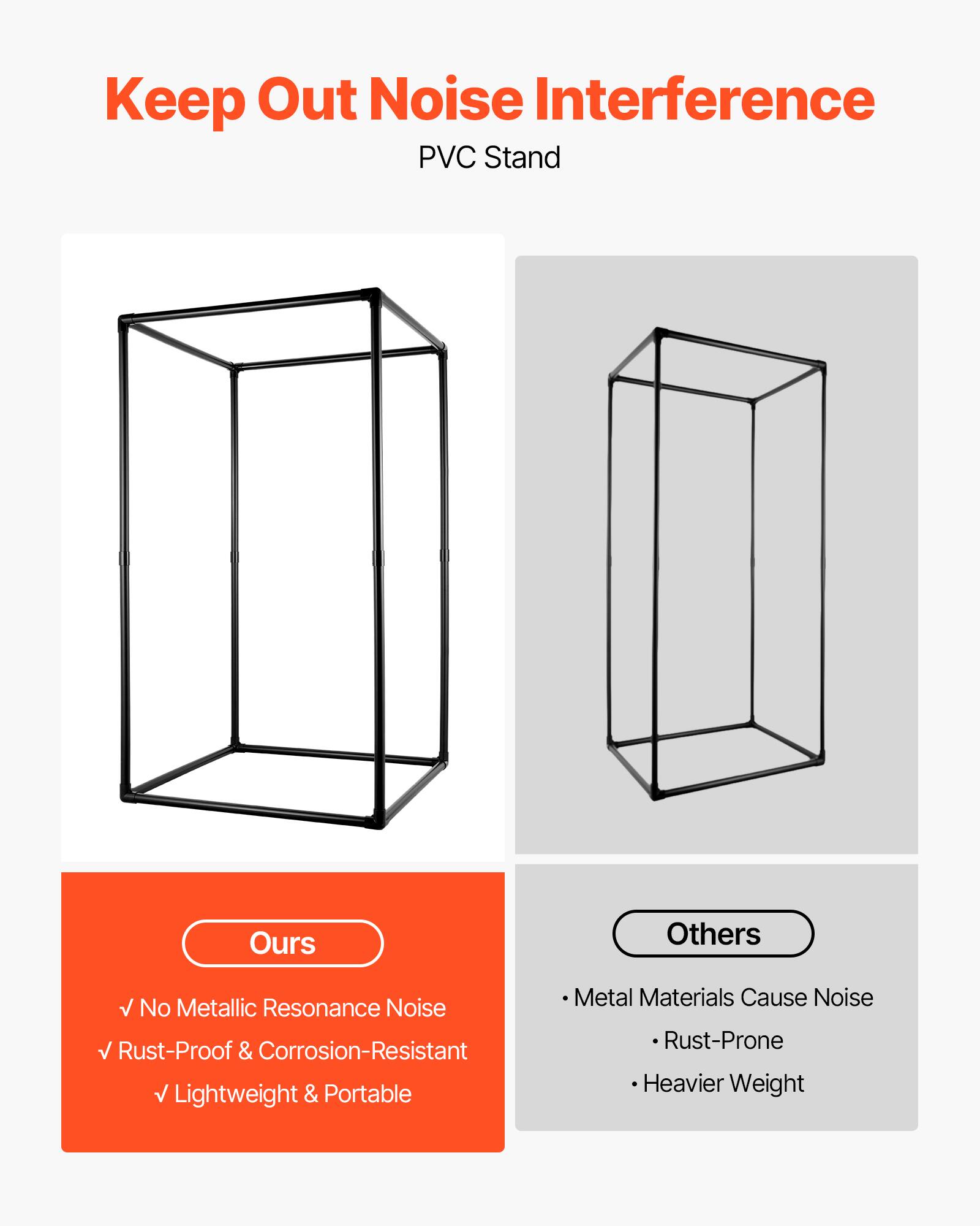 Keep Out Noise Interference  
PVC Stand  

Ours  
- No Metallic Resonance Noise  
- Rust-Proof & Corrosion-Resistant  
- Lightweight & Portable  

Others  
- Metal Materials Cause Noise  
- Rust-Prone  
- Heavier Weight