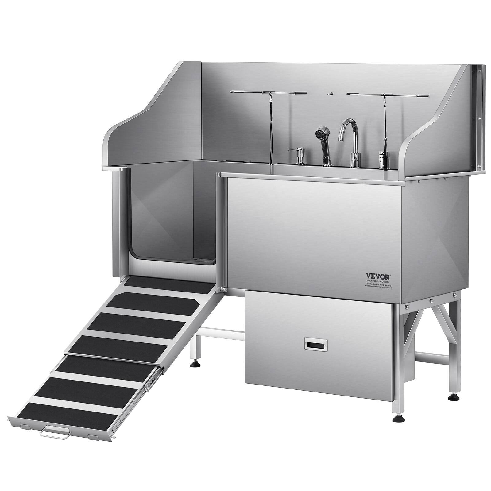 Front. VEVOR - Stainless Steel Dog Washing Station, 61 inch Pet Grooming Tub w/ Ramp, Water Filter Board, Faucet & Showerhead.