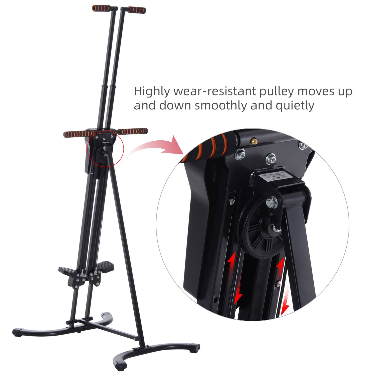 Highly wear-resistant pulley moves up and down smoothly and quietly.