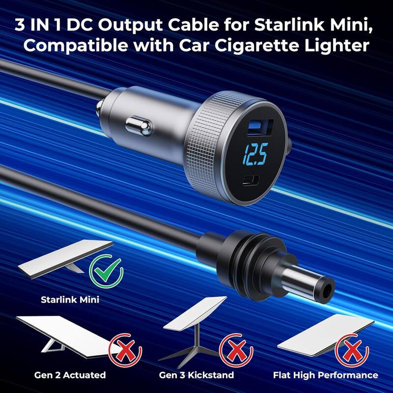 3 IN 1 DC Output Cable for Starlink Mini, Compatible with Car Cigarette Lighter

- Starlink Mini ✔️
- Gen 2 Actuated ❌
- Gen 3 Kickstand ❌
- Flat High Performance ❌