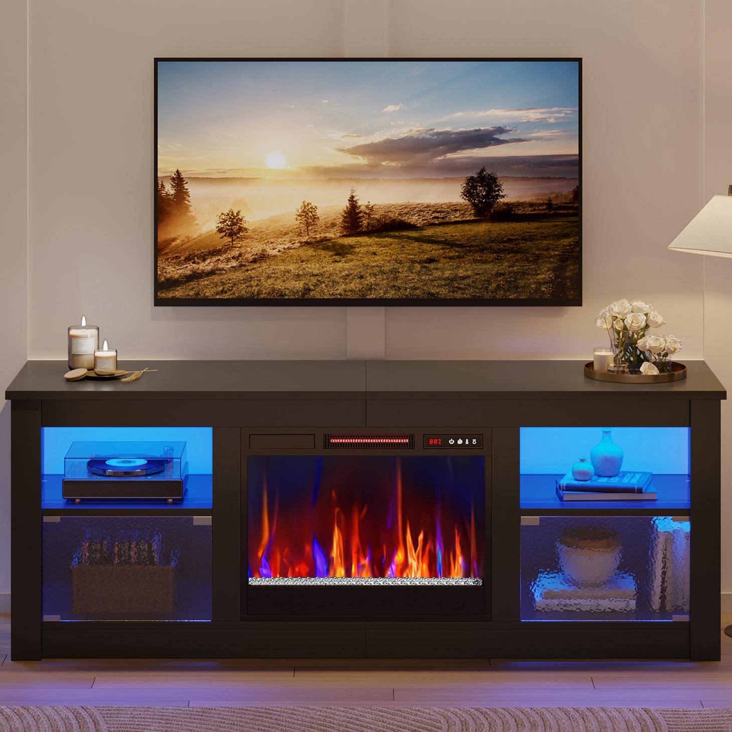 Front. Bestier - 63" TV Stand with 23" Wide Fireplace & RGB Lights Storage Cabinet for up to 70" TVs - Black.